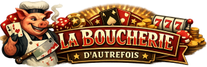Un logo illustré pour « LA BOUCHERIE D’AUTREFOIS » écrit en lettres capitales rouges et blanches sur un ruban de style vintage