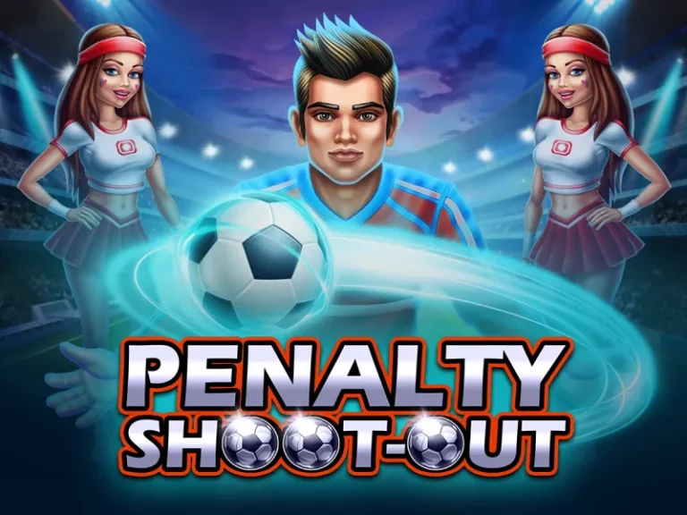 Une illustration dynamique pour un jeu vidéo de football intitulé "PENALTY SHOOT-OUT".