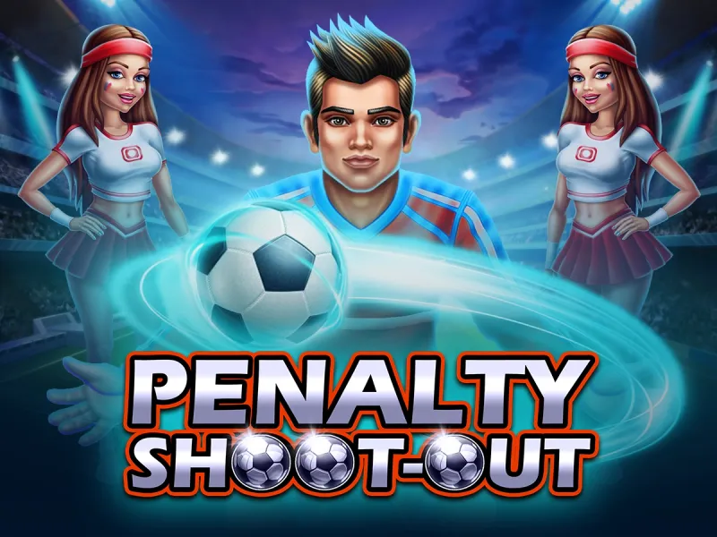 Une illustration dynamique pour un jeu vidéo de football intitulé "PENALTY SHOOT-OUT".