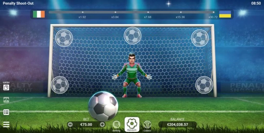 Une capture d'écran de l'interface de jeu pour "Penalty Shoot-Out" montrant une perspective de tir au but.