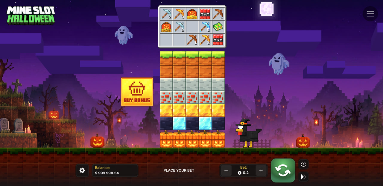 Partie de Mine Slot Halloween avec colonnes de blocs, outils en haut et bouton Buy Bonus