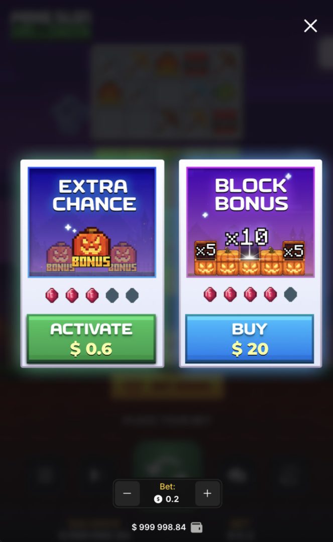 Fenêtre Extra Chance et Block Bonus de Mine Slot Halloween sur écran mobile vertical