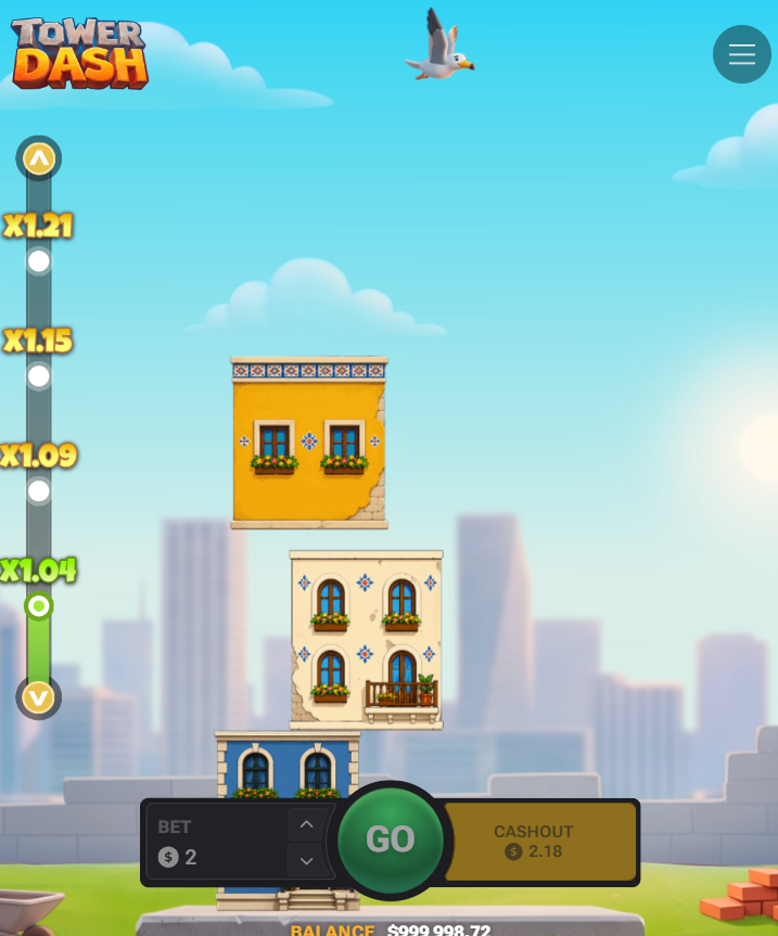 Tower Dash en mode vertical sur mobile avec Go et Cashout