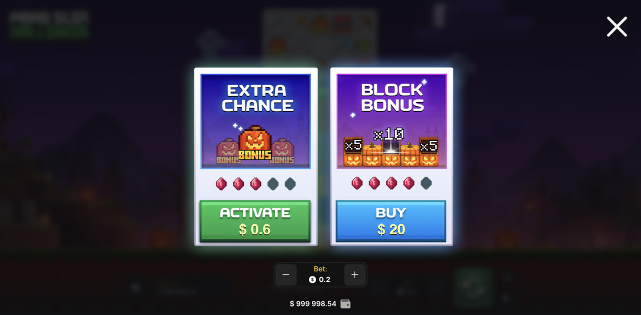 Options Extra Chance et Block Bonus de Mine Slot Halloween affichées sur ordinateur