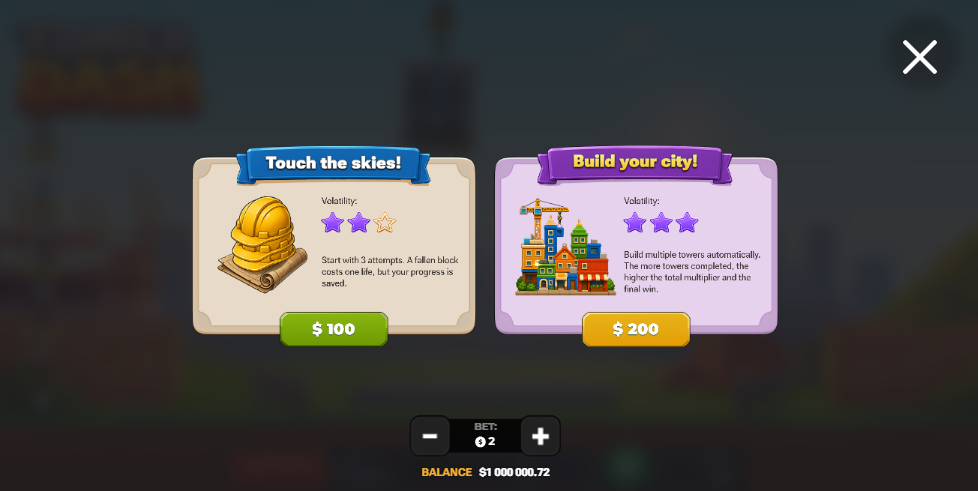 Écran Bonus Buy de Tower Dash avec Touch the skies et Build your city