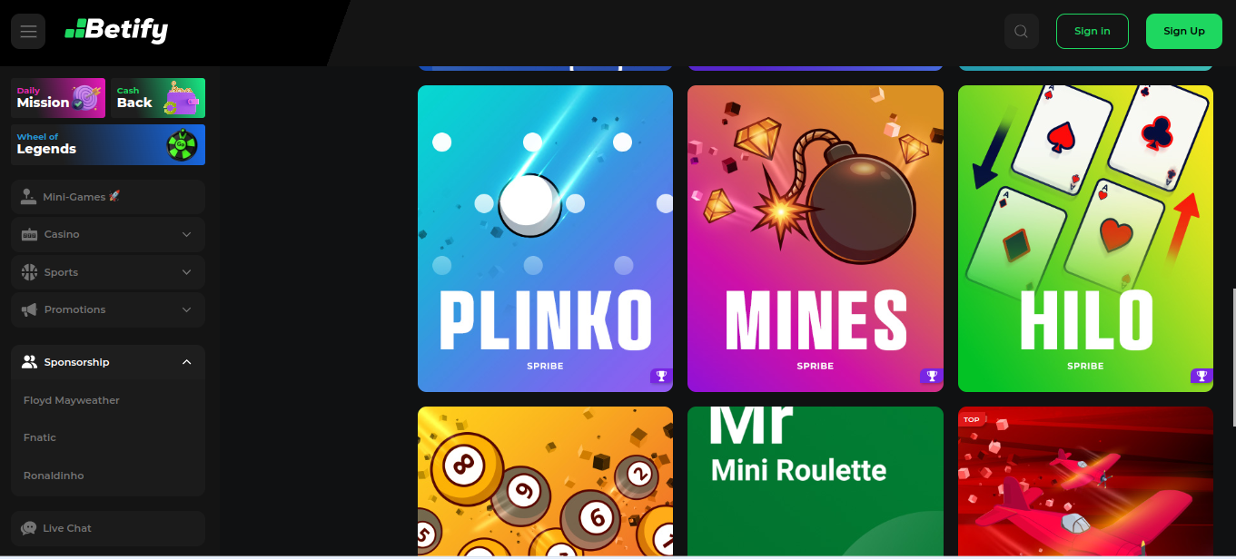 Section des mini-jeux Betify avec Plinko, Mines et Hilo