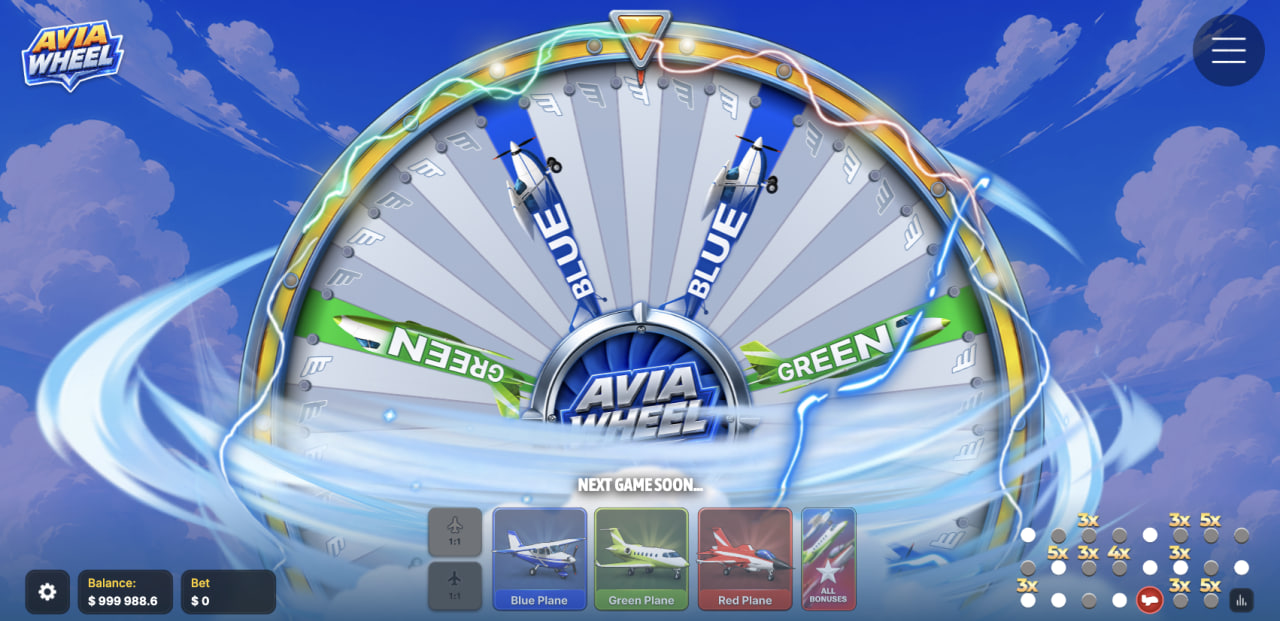 Avia Wheel avis démo : roue du jeu de casino avec cartes Blue Plane, Green Plane, Red Plane et All Bonuses