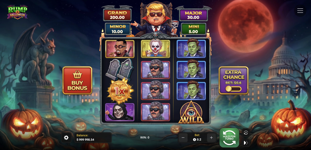Rump & Halloween avec sa grille, les quatre jackpots, le Buy Bonus et l'interrupteur Extra Chance