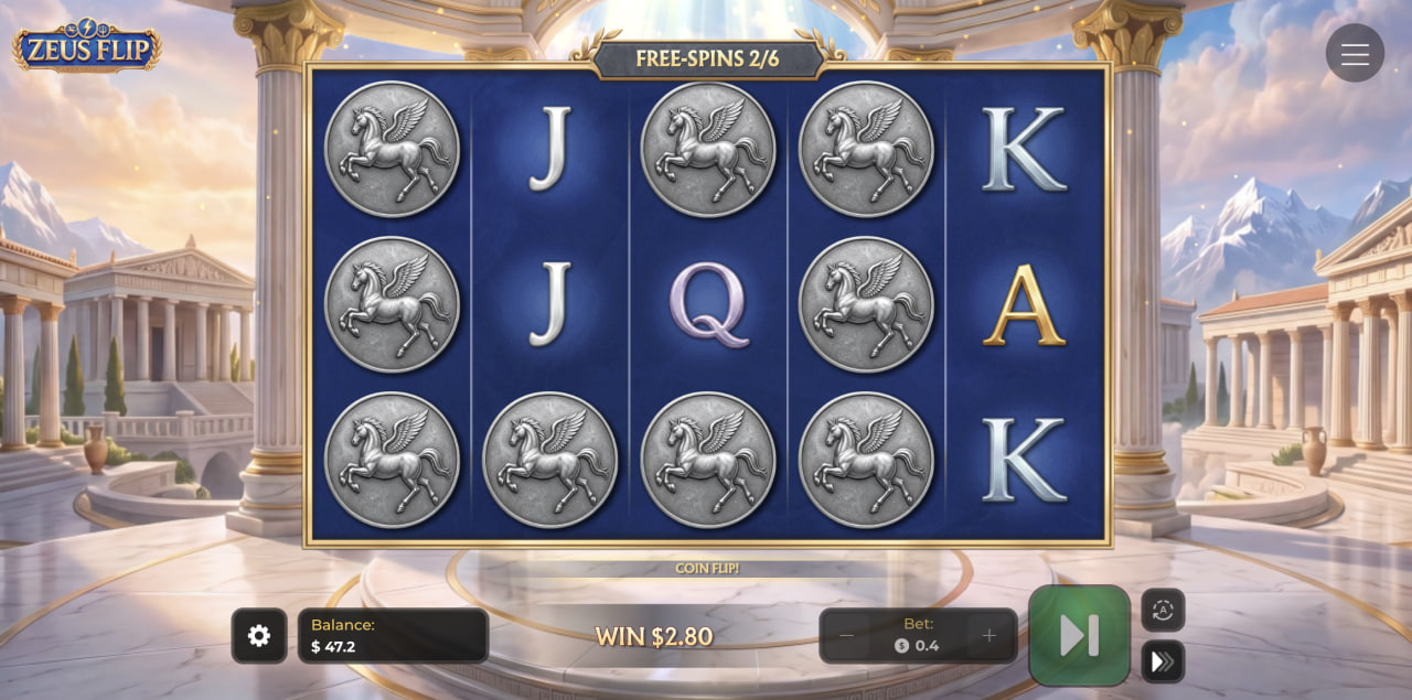 Zeus Flip en Free Spins avec pièces Pégase posées par le Coin Flip