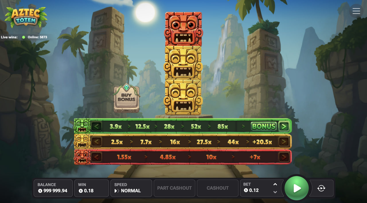 Écran ordinateur d'Aztec Totem avec le totem et ses trois chemins de multiplicateurs