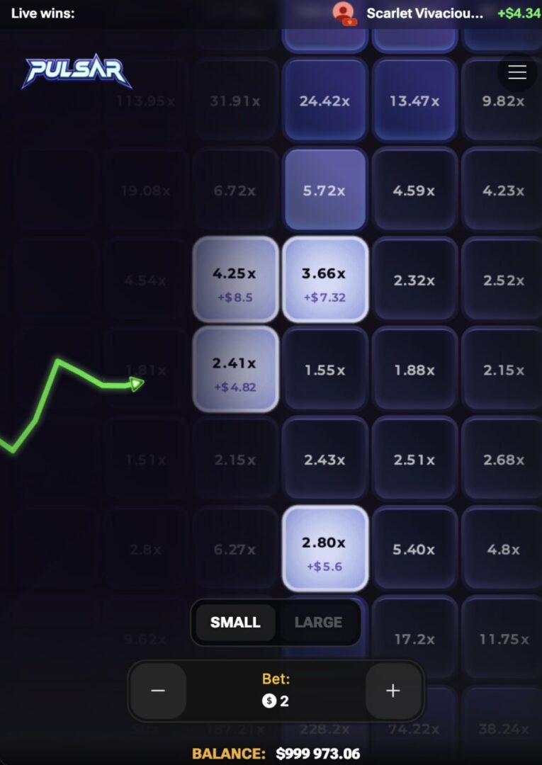 Pulsar app mobile avis : trois cases surlignées avec coefficients ×4,25, ×3,66 et ×2,41, démo gratuit
